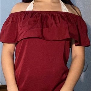 Burgundy, off the shoulder shirt